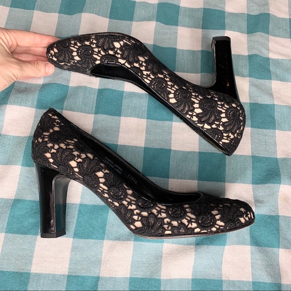J. Crew Etta Black Lace Pumps Nude Crochet Block Heels Pumps Size 9.5 - Picture 3 of 9